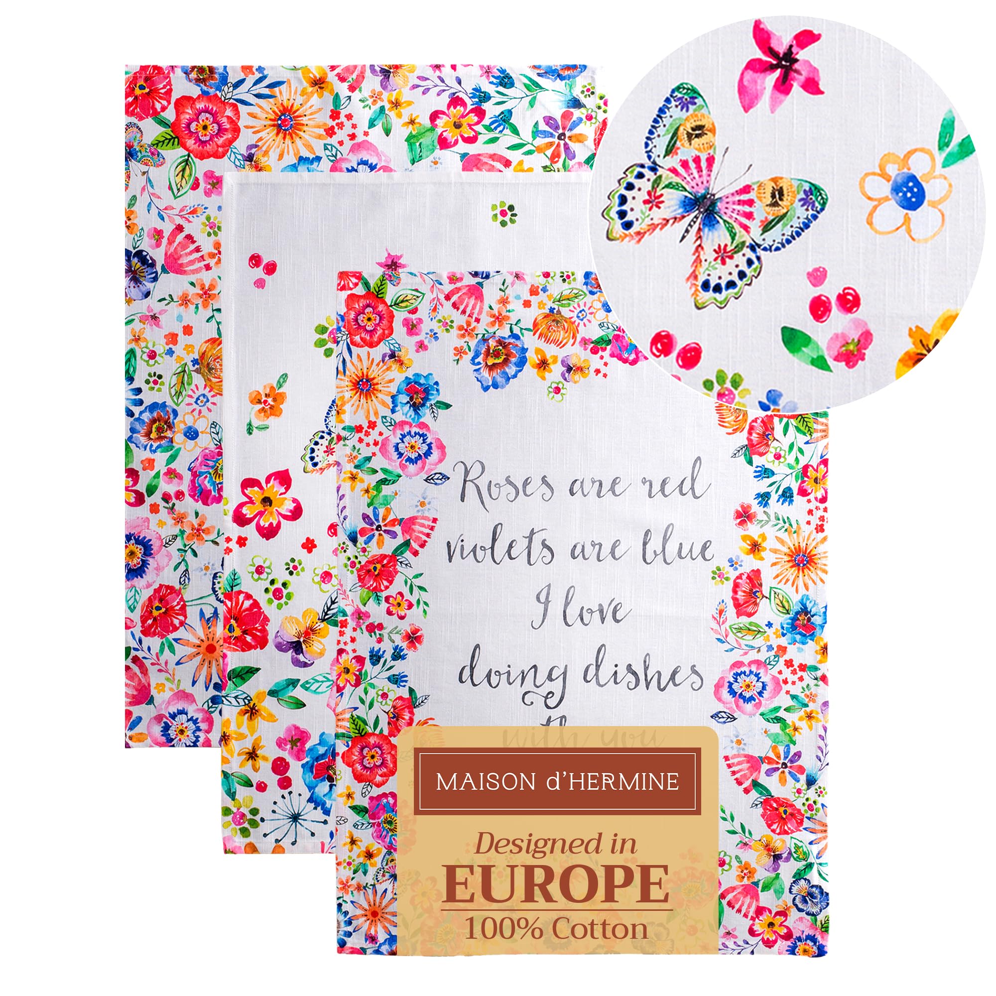 Maison d'Hermine Happy Florals- 2 High Summer 100% Cotton Set of 3 Multi-Purpose Kitchen Towels Soft Absorbent Tea Towels Bar Towels Spring/Summer (50 cm x 70 cm)