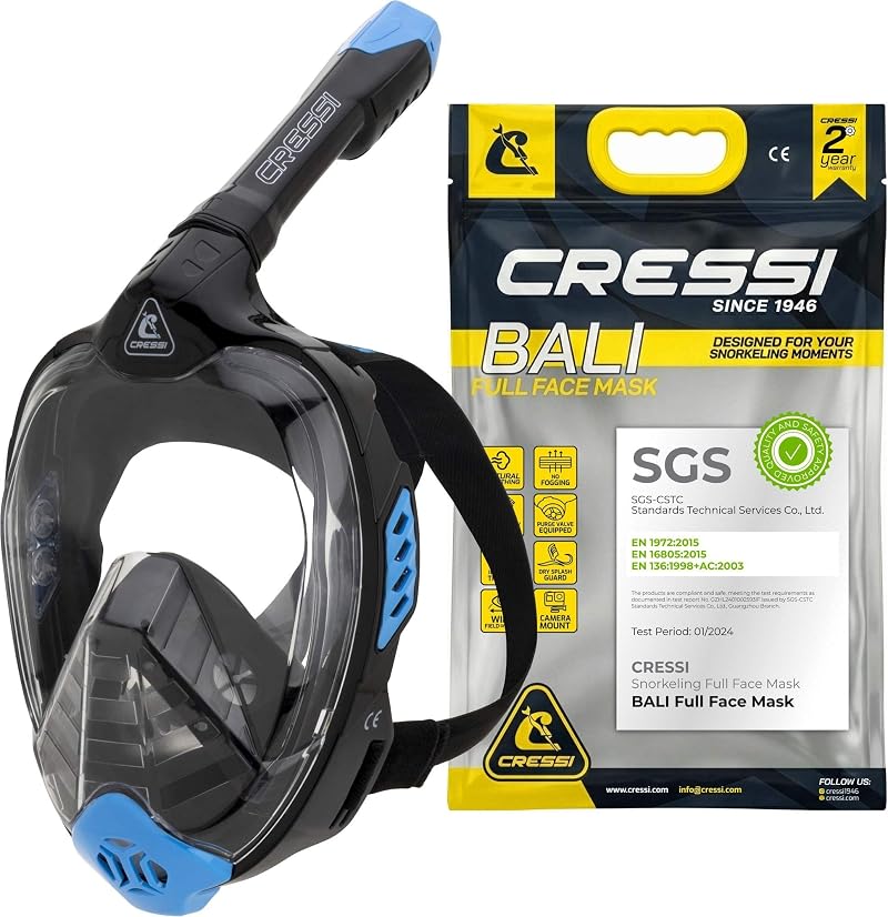 Cressi Bali Full Face Snorkel Mask Panoramic Dry-Top Set S M Black Blue