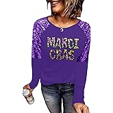 Mardi Shirts for Women Carnival Fat Tuesday Shirt New Orleans Party Mardi Outfit Gifts Sequin Long Sleeve Tee Top