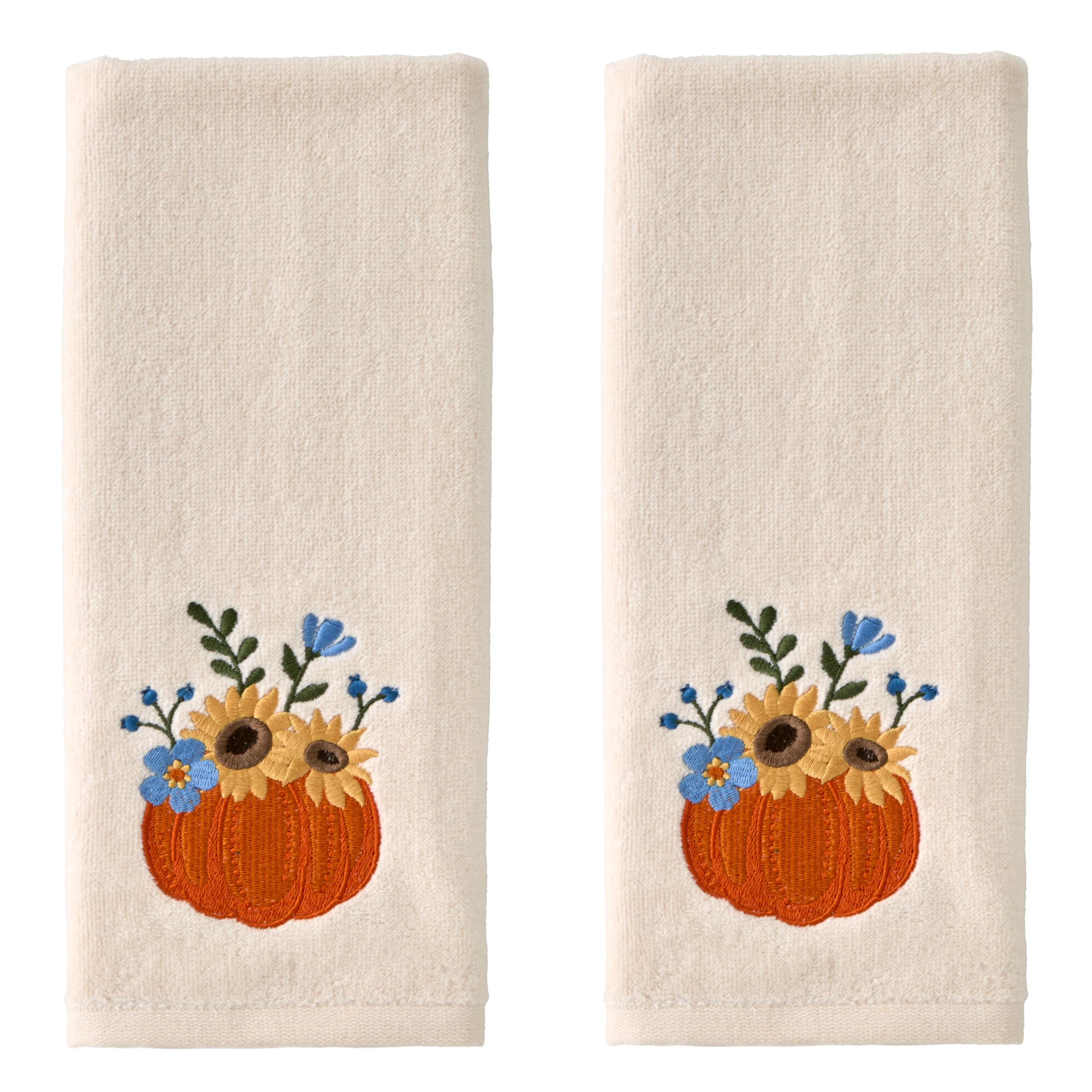 SKL Home Autumn/Fall/Thanksgiving Pumpkin Bouquet 100% Cotton Embroidered 2pc Hand Towel Set, Decorative for Bath/Kitchen/Bar & Gift, Natural Image