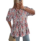 Dokotoo Summer Tops for Women Dressy Casual Business Crewneck Babydoll Peplum Puff Sleeve Shirts Tie Front Boho Blouses