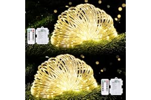 POTIVE 66Ft Battery Powered String Lights with Remote, 2 Pack Total 200 LED Outdoor Battery Operated Light, 8 Modes Battery Operated Rope Lights for Garden Patio Decor (Warm White)