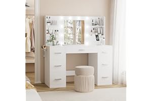 YESHOMY Vanity Desk with Mirror, Power Outlet and 10 Lights, Makeup Table with 7 Drawers, 3 Color Modes Available for Bedroom, White
