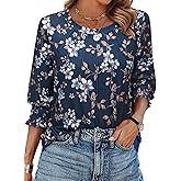 Spring Tops for Women 2026 3/4 Sleeve Blouse Crewneck Pleated Tunic Tops Dressy Casual Shirts Business Work Outfits