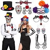 9 Pcs Halloween Day of the Dead Couple Costume Set Dia De Los Muertos Matching Outfit Top Hat Mask Skeleton Gloves Earrings Necklace for Halloween Masquerade Parade Party Women Men Couple Cosplay