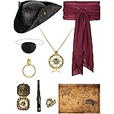 Pirate Tricorn Hat Men & Women Vintage Wrinkle Pirate Hat Set with Eye Patch Necklace Pirate Sash Belt Accessories Set
