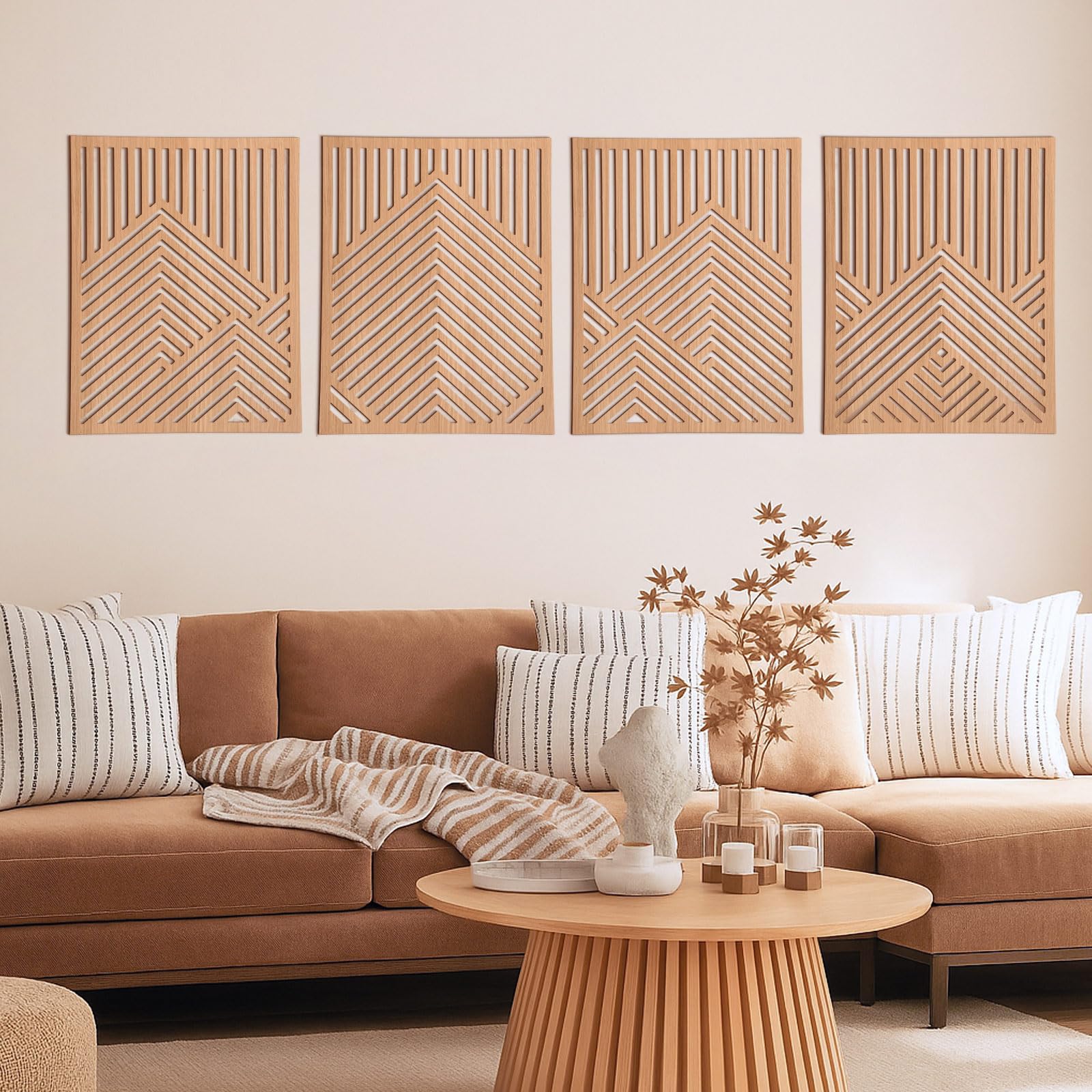 Photo 1 of Wesiti 4 Pcs Wooden Mountain Wall Art Decor Large Abstract Wall Art for Living Room Modern Wood Panel Line Sculptures Nature Rustic Forest Hanging Decor for Office Bedroom Bathroom 15.7 x 12.2''