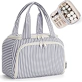 Narwey Striped Travel Toiletry Bag for Women Large Makeup Bag, Wide-open Cosmetic Make Up Organizer with Handle, Travel Bag for Toiletries, Essentials, Accessories (Greyish Blue Stripe)