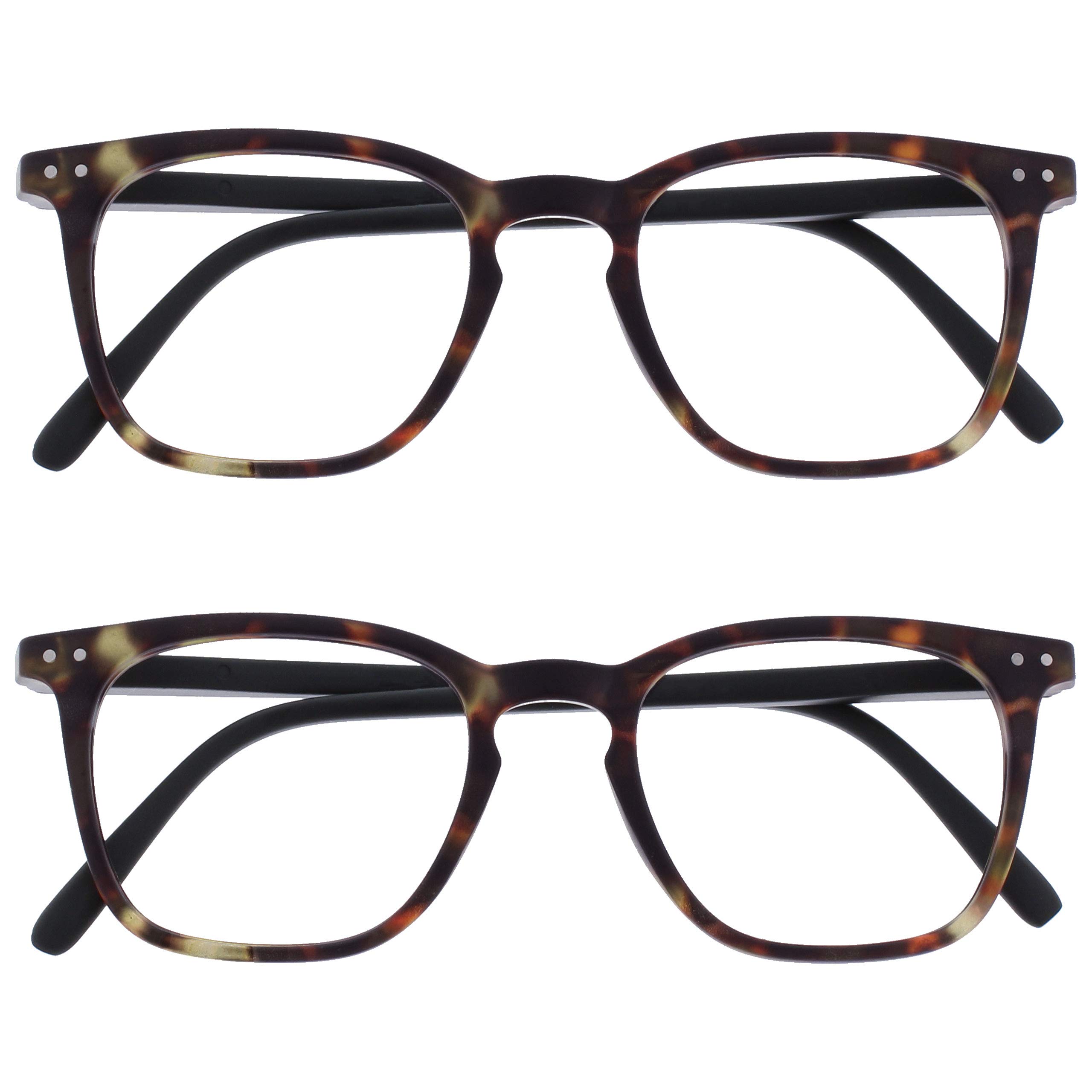 OPULIZE Bex Reading Glasses 2 Pack Large Square Cool Designer Frame Spring Hinges Scratch Resistant Matt Brown Tortoiseshell Mens Womens RR64-2 +2.50