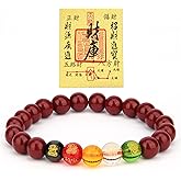 LINGYUAN Feng Shui Wealth and Luck Bracelet with Gold Foil Five Gods Amulet-Red Agate Cinnabar Gemstone Bracelet for Prosperity, Protection & Success, Lucky Charm Gift for Men & Women
