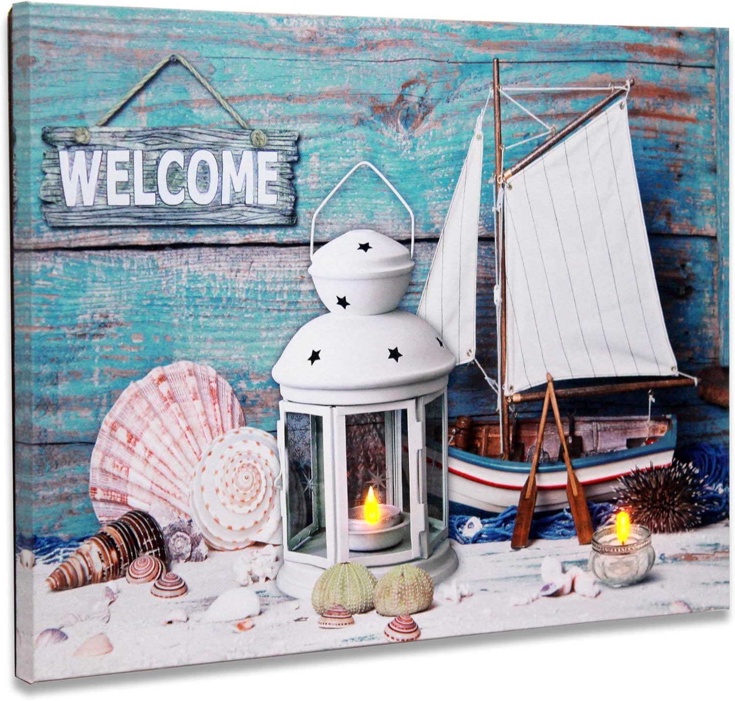 BetyHom Bathroom Canvas Beach Wall Art, Nautical Beach Seaside Theme Wall Deco with Lighted Candles LED (15.8x11.8)In