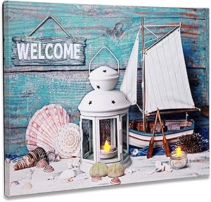 BetyHom Bathroom Canvas Beach Wall Art, Nautical Beach Seaside Theme Wall Deco with Lighted Candles LED (15.8x11.8)In