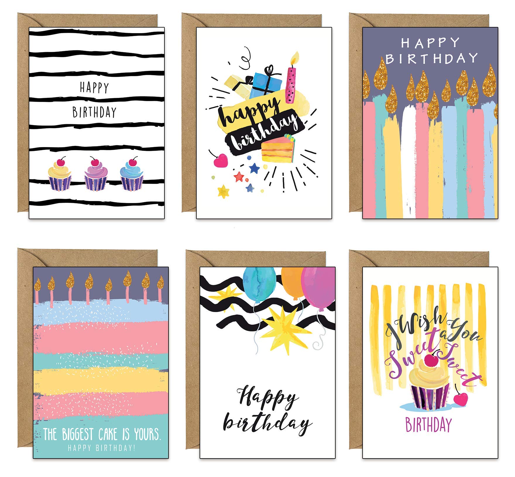48 Eco-Friendly Birthday Cards - 6 Designs Printed on Recycled Cardboard and with Kraft Recycled Envelopes