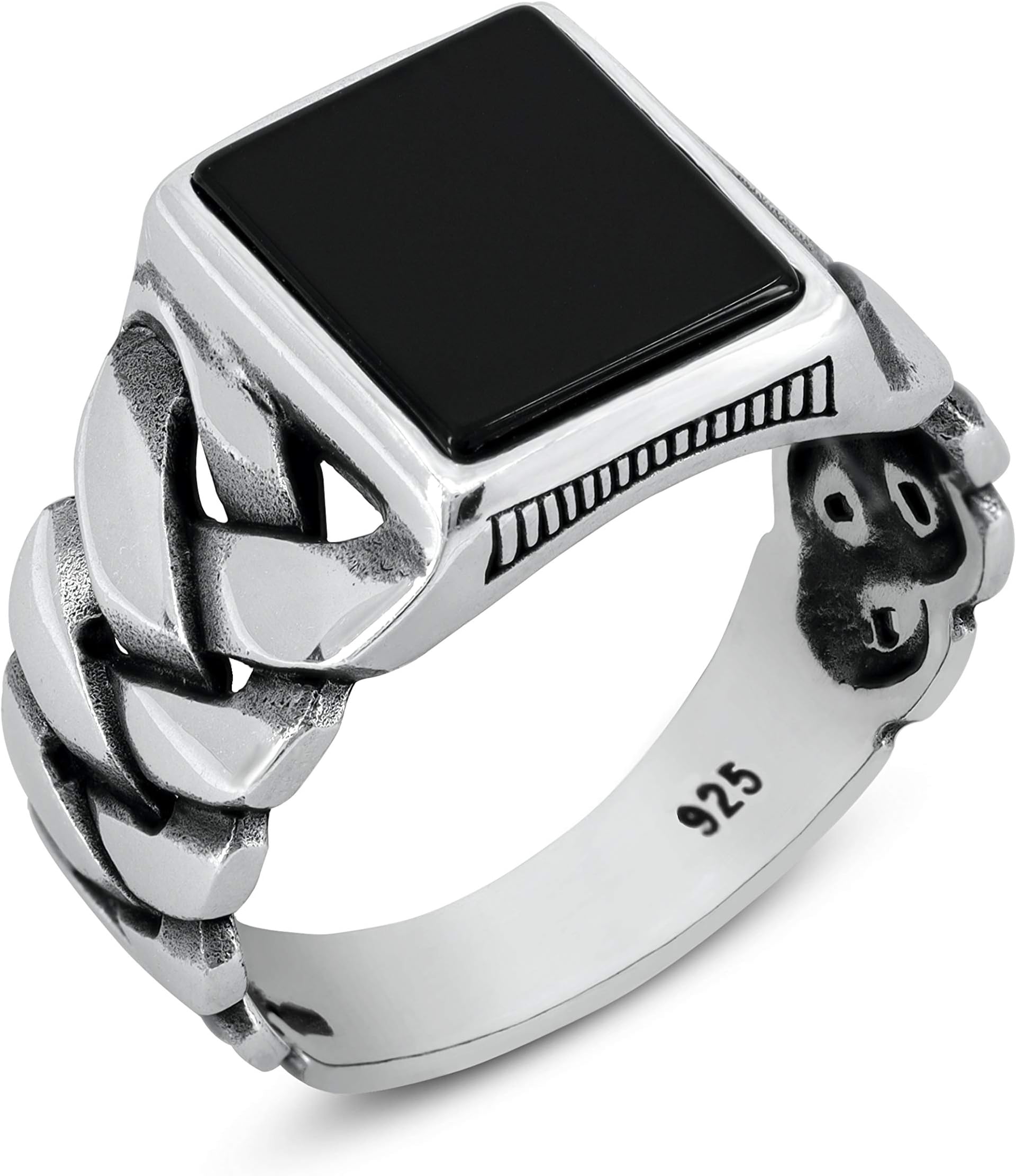 chimoda Mens Silver Ring with Black Onyx Stone in 925 Sterling Turkish Handmade Jewelry Men’s Rings, Cuban Curb Link Chain Design