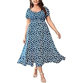SCOMCHIC Womens Plus Size Summer Maxi Dress Ruched Front Square Neck Smocked Flowy A Line Formal Wedding Guest Dresses