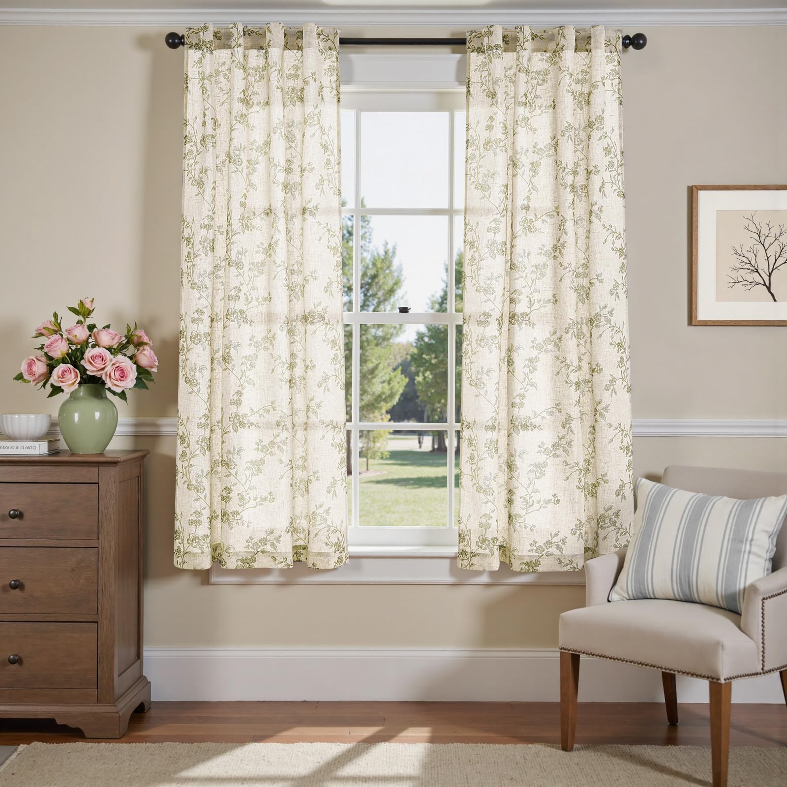 Photo 1 of **dirty**jinchan Linen Floral Curtains 63 Inch Farmhouse Country Flower Drapes Rustic Window Curtains Light Filtering for Living Room Bedroom Laundry Back Tab 2 Panels Green on Beige