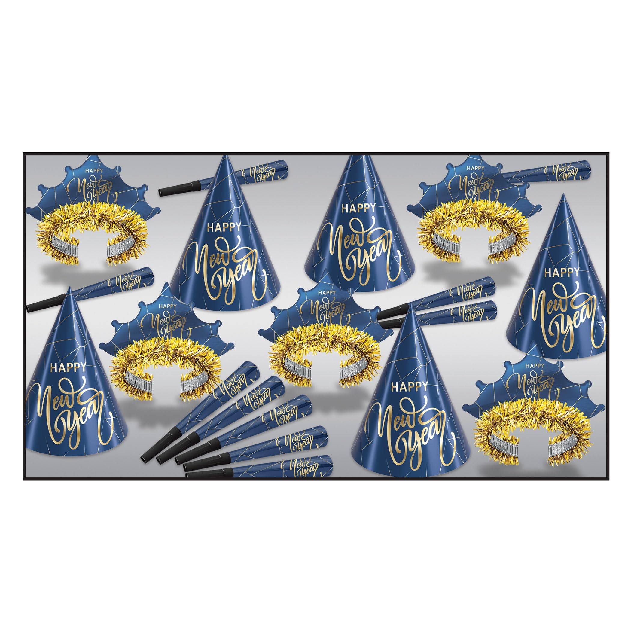Photo 1 of **SIMILAR**Beistle Midnight Blue New Year Party Kit for 10 – Celebration Set of NYE Accessories, Cone Hats, Fringed Tiaras & Foil Horns, Elegant Metallic Navy & Gold New Year’s Eve Countdown Headwear Supplies