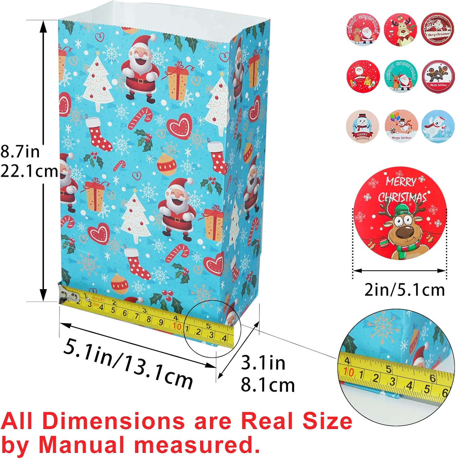 30 Pcs Christmas Paper Bags,Flat Bottom Party Bags,6 Christmas Elements Themed Design with 30 Pcs Stickers for Xmas Party Birthday and Classroom - Image 3