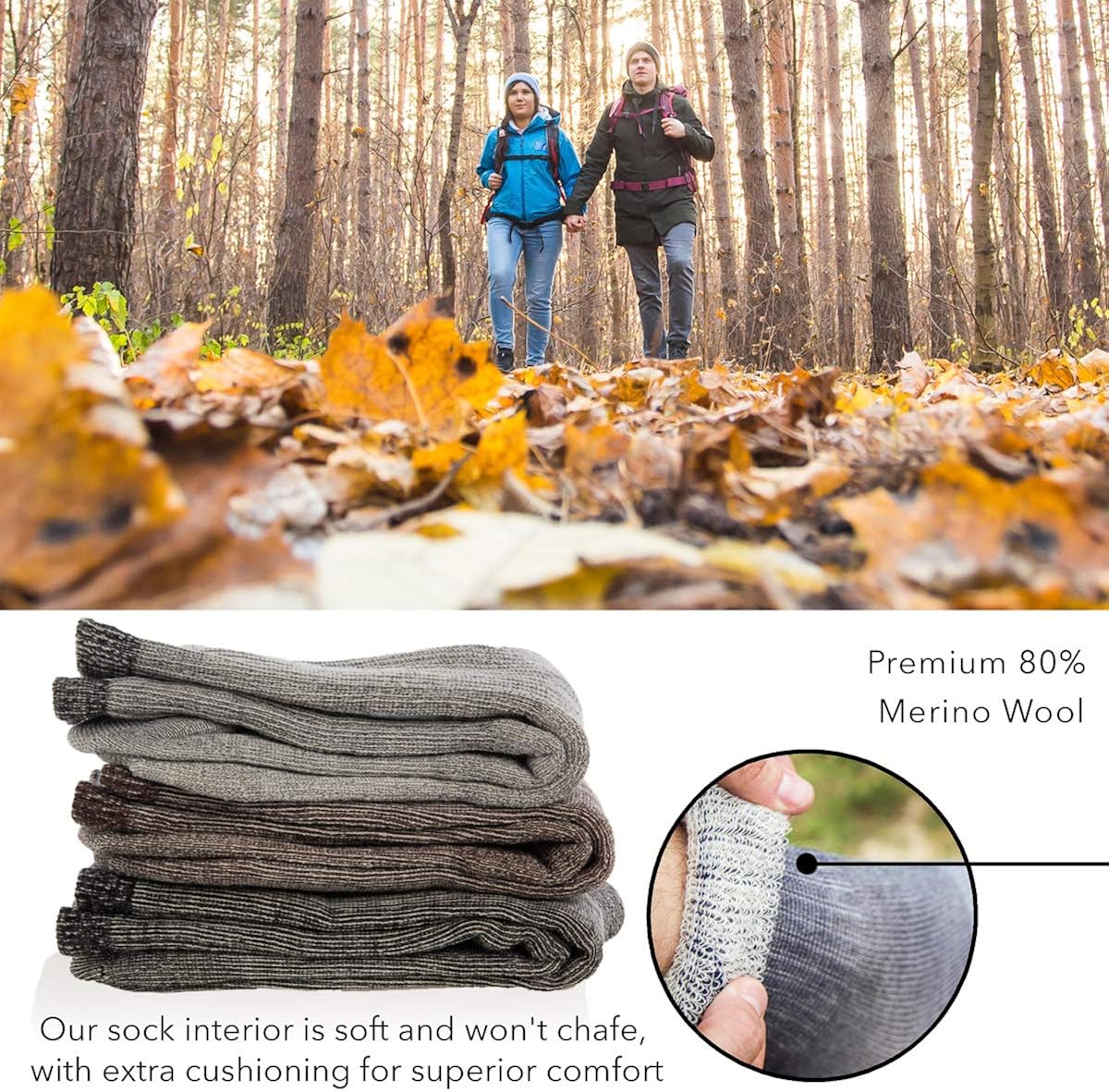 3 Pairs Thermal 80% Merino Wool Socks Thermal Hiking Crew Black/Brown/Grey Medium Men's 5-8.5,Women's 6-10.5: Clothing