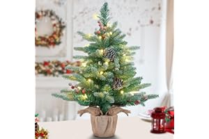 BOSCEOS 24” Tabletop Christmas Tree, Battery Operated Prelit Small Xmas Tree, Artificial Flocked Mini Christmas Tree Decoration, Warm Yellow & Multi-Color LED Lights, Red Berries, Pine Cones, Cloth Bag Base