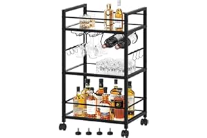 HOMEDAWN Bar Cart, Serving Cart for Home, Microwave Cart, Drink Cart, Mobile Kitchen Shelf with Wine Rack and Glass Holder, Rolling Beverage Cart for Dining Room, Black