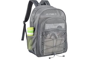BUSIUW Heavy Duty Mesh Backpacks for Adults, Mesh School Booking Bags for Boys and Girls, See Through Backpack with Adjustable Straps, Mesh Bags for Swimming(Grey)
