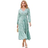 R.Vivimos Maxi Dress for Women Long Sleeve V Neck Drawstring Button Up Casual Split Flowy Dress