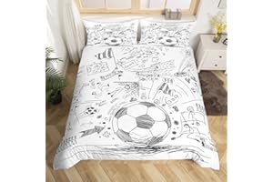 Erosebridal Football Comforter Cover, Hand Drawn Sketch Soccer Flag Network Team Sports Duvet Cover for Boys Teens Men, Decorative 3 Piece Bedding Set with 2 Pillow Shams, Full Size, White Black