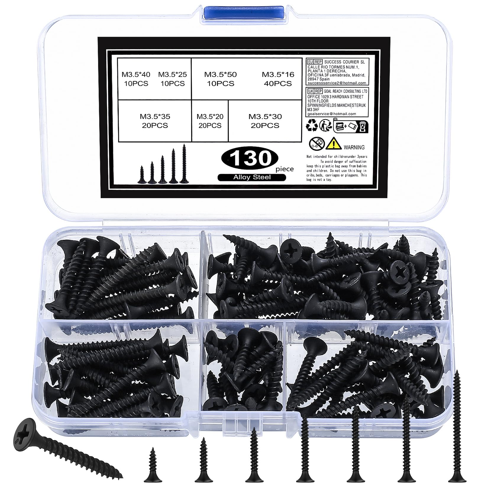 XKQYX 130 Pcs Self Tapping Wood Screws, M3.5 Black Flat Cross Head, Assorted Sizes (16mm/20mm/25mm/30mm/40mm/50mm), Drywall, Furniture, Wood Screws
