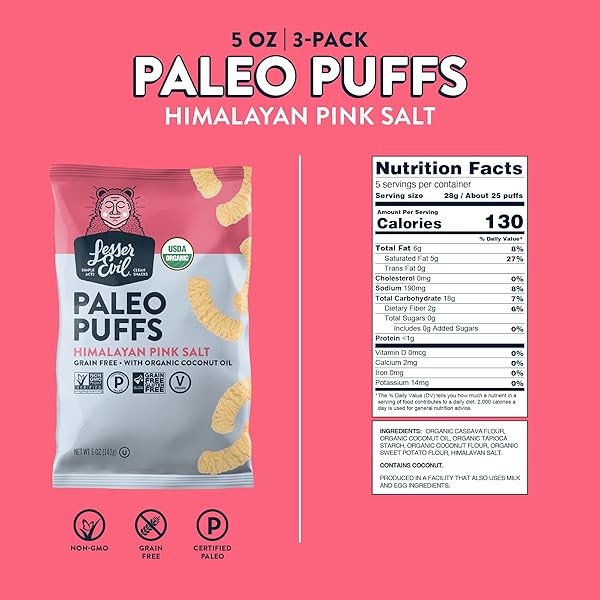LESSEREVIL HIMALAYAN PINK SALT ORGANIC PALEO PUFFS, GRAIN FREE, VEGAN, MINIMALLY PROCESSED, NO VEGETABLE OIL, 5 OZ, PACK OF 3