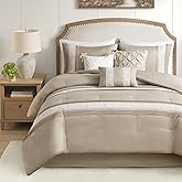 Madison Park Cal King Comforter Set, Farmhouse Comforter, Lace & Pintuck Design, Down Alternative, All Season Bedding Set, Bed Skirt, Shams & Decor Pillows, Taupe 7 Piece