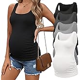 Ekouaer 4 Pack Maternity Tank Tops Ribbed Summer Pregnancy Shirts Ruch Side Tops Casual Square Neck Postpartum Clothes S-2XL