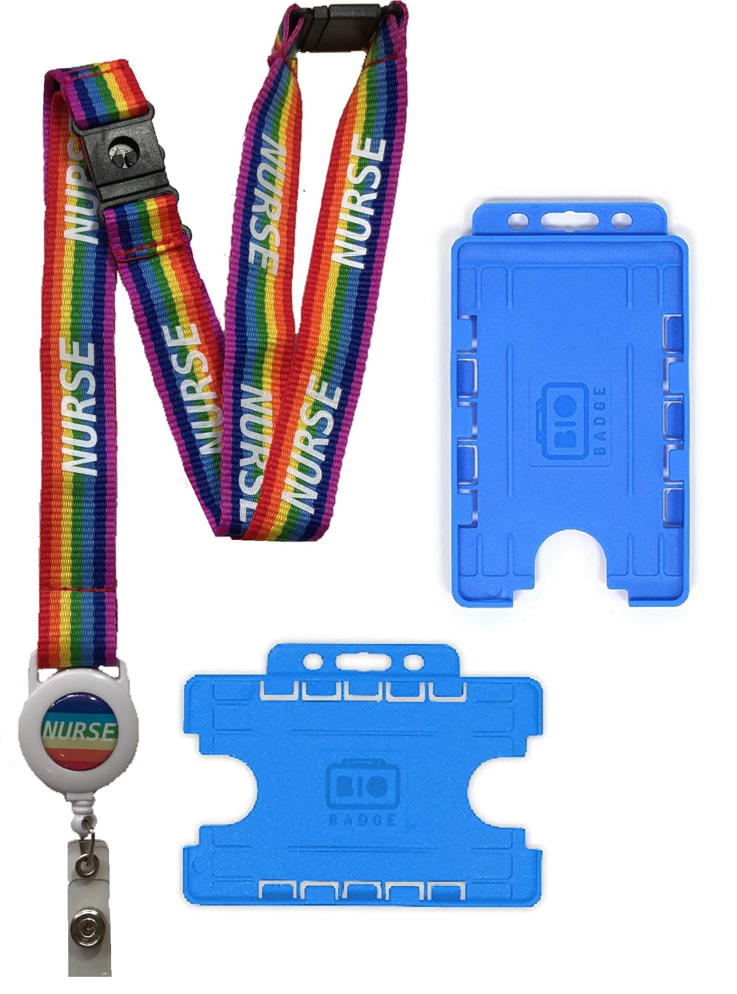 20mm Nurse Rainbow Lanyard with Integrated Badge Reel & 3 Point Safety Breakaway & Double Blue ID Card Holder (Horizontal Card Holder)