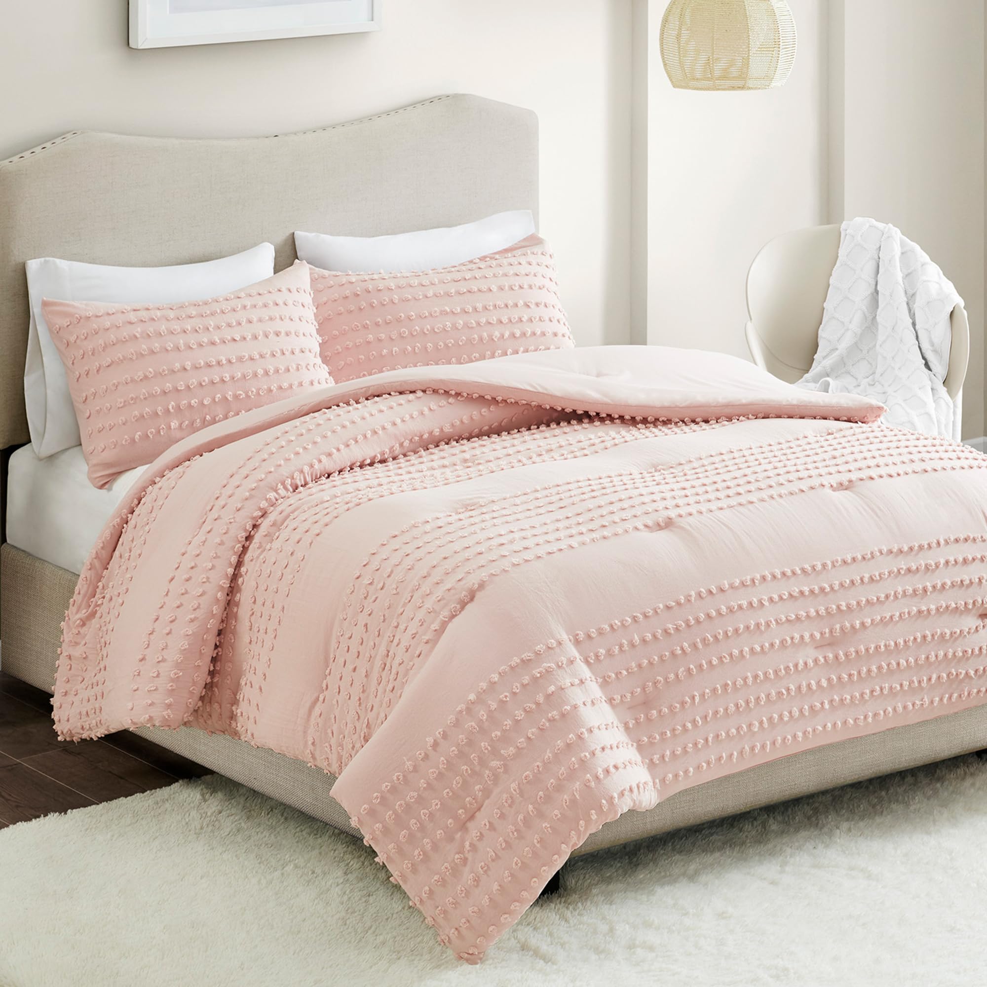 Comfort Spaces Cotton Comforter Set Jacquard Pom-Pom Tufts Design, Down Alternative, All Season Modern Bedding, Matching Shams, Twin/Twin XL, Phillips, Blush Image