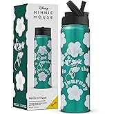 JoyJolt Disney Retro Vintage Stainless Steel Water Bottle ft Minnie Mouse, Reusable 22oz Vacuum Insulated Water Bottle Tumbler with Leak Proof Flip Straw Lid and Handle, Lead & BPA Free