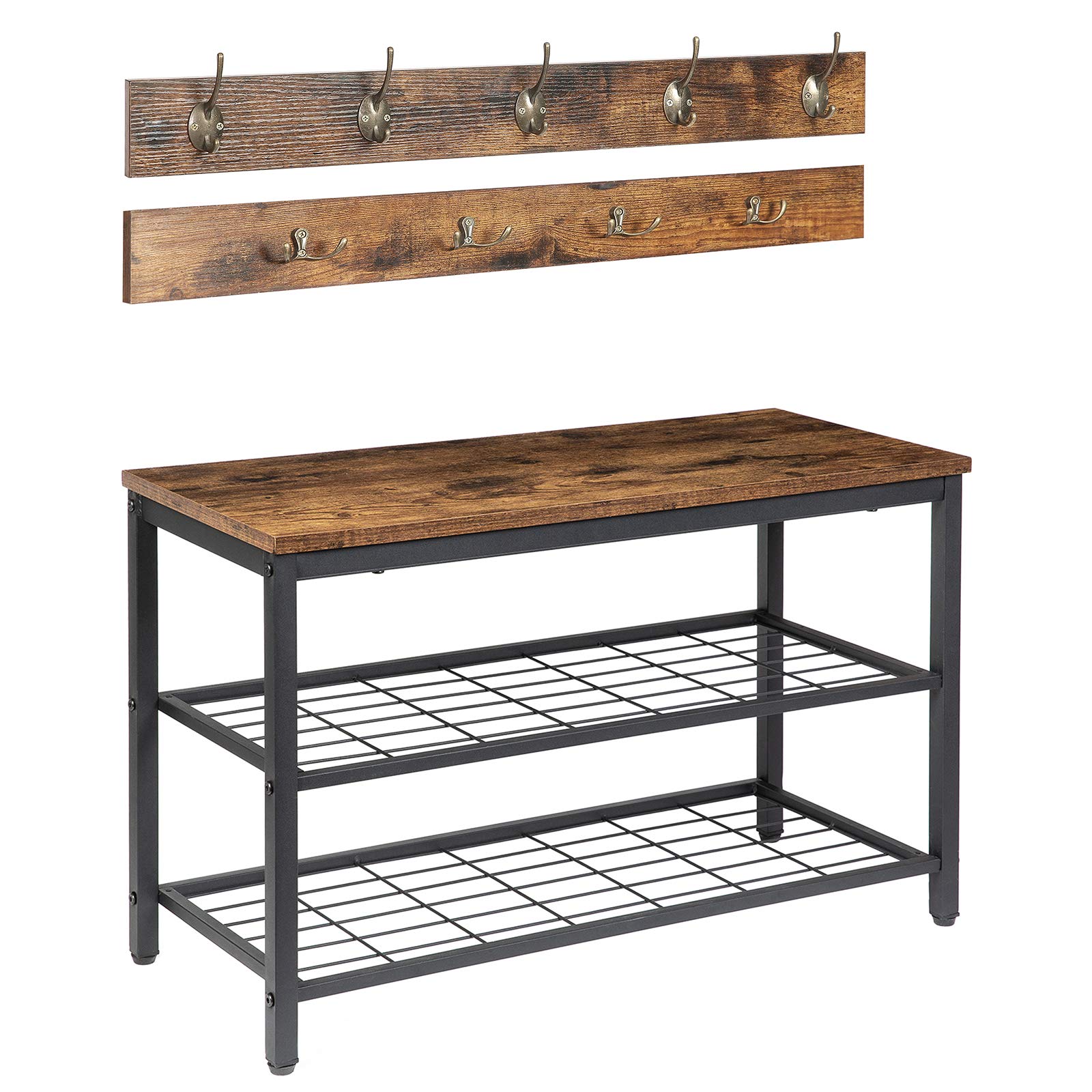HOOBRO Coat Rack Shoe Bench Set, Entryway Shoe Rack with Coat Hooks, Coat Hat Bag Hanging Organizer, Industrial Design, Easy Assembly, Rustic Brown BF07MT01