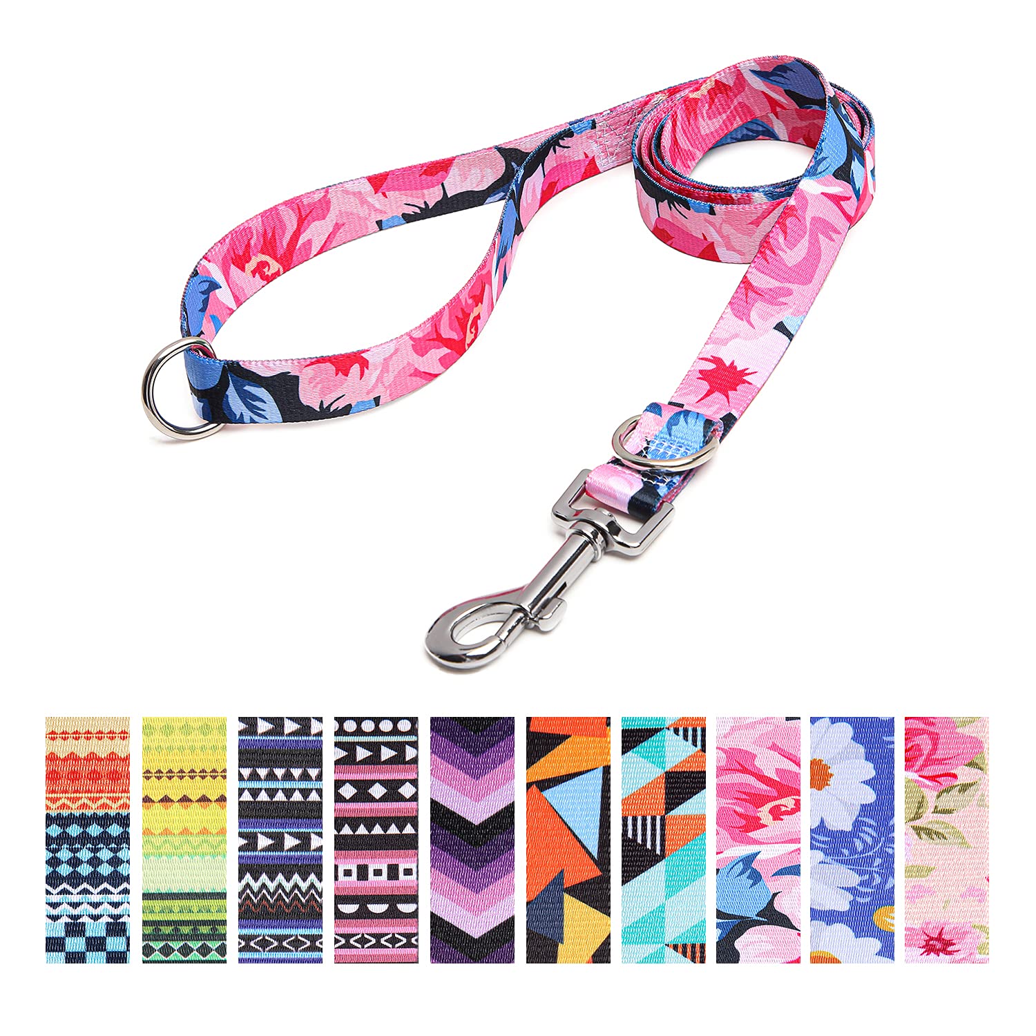 Suredoo Soft Nylon Dog Lead Leash with Colorful Patterns, Comfortable Strong Dog Training Walking Lead Leashes with 2 D-ring for Small Medium Large Dogs, 1.2m × 2.0cm (Pink Flower) — image 1