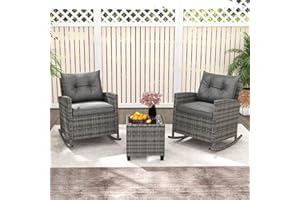ORALNER 3 Pieces Patio Wicker Rocker Set, Outdoor Furniture Rocking Chairs with Soft Cushions, Glass Coffee Table, Rattan Con