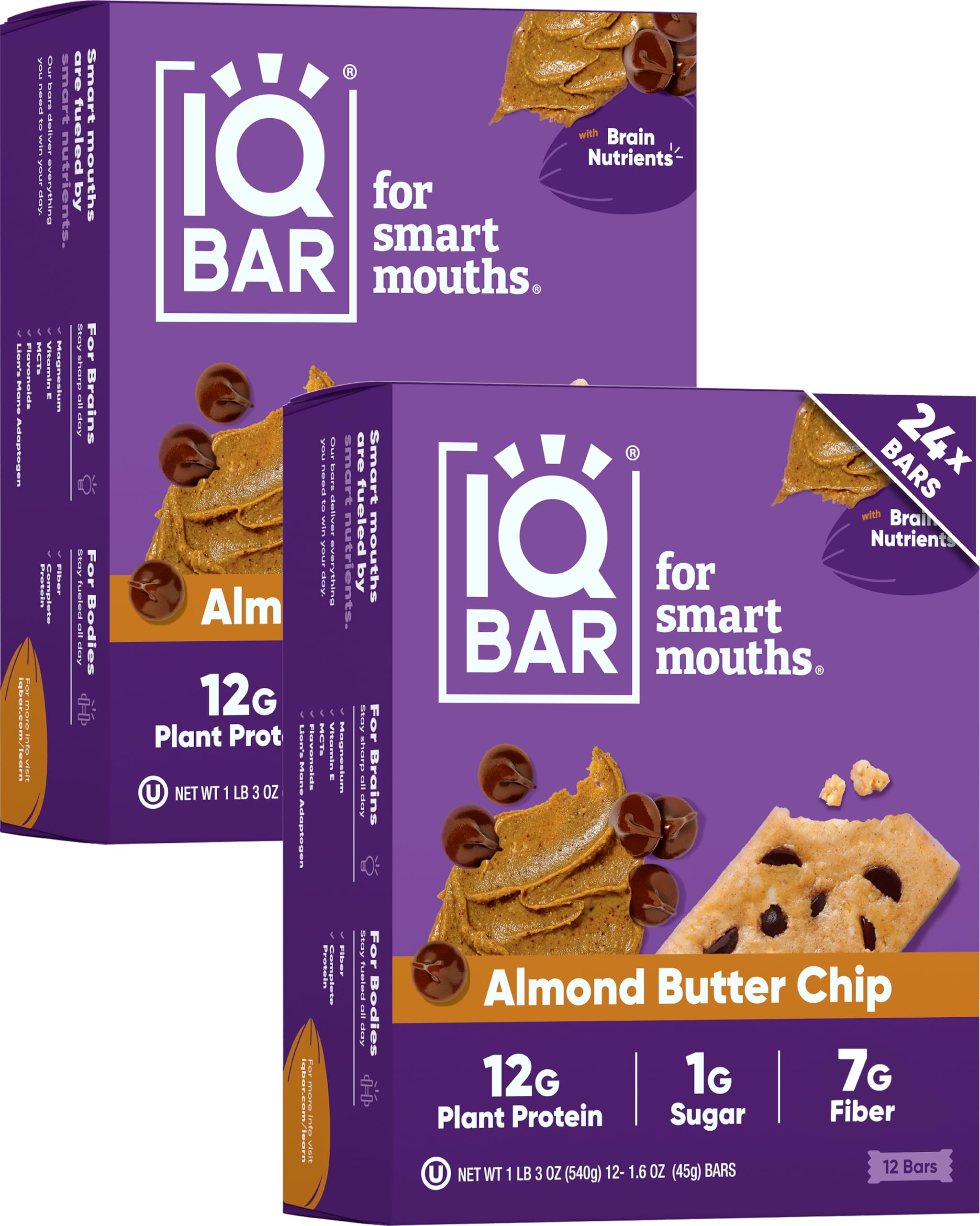 IQBAR Clean Plant Protein Bars - Almond Butter Chip - 24 Count - Keto, Vegan, High Fiber, Gluten and Dairy Free, Low Sugar Snack - Brain and Body Nutrients for Focus, Energy, Meal Replacement Image