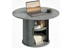 HOMCOM Round Coffee Table with Storage, 31.5" Center Table with Slatted Column Base, Felt Footpads for Living Room, Cement Gr