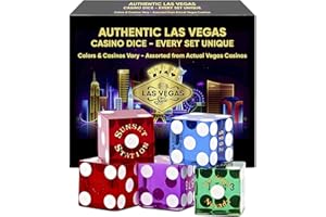LAS VEGAS STYLE Authentic Las Vegas Casino Used Dice Set - 5 Assorted Colored Professional Grade Gaming Dice with Serial Numbers - 6-Sided, Large, 19mm - Great for Farkle, Bunco, Yahtzee, Liars Dice & Casino Games