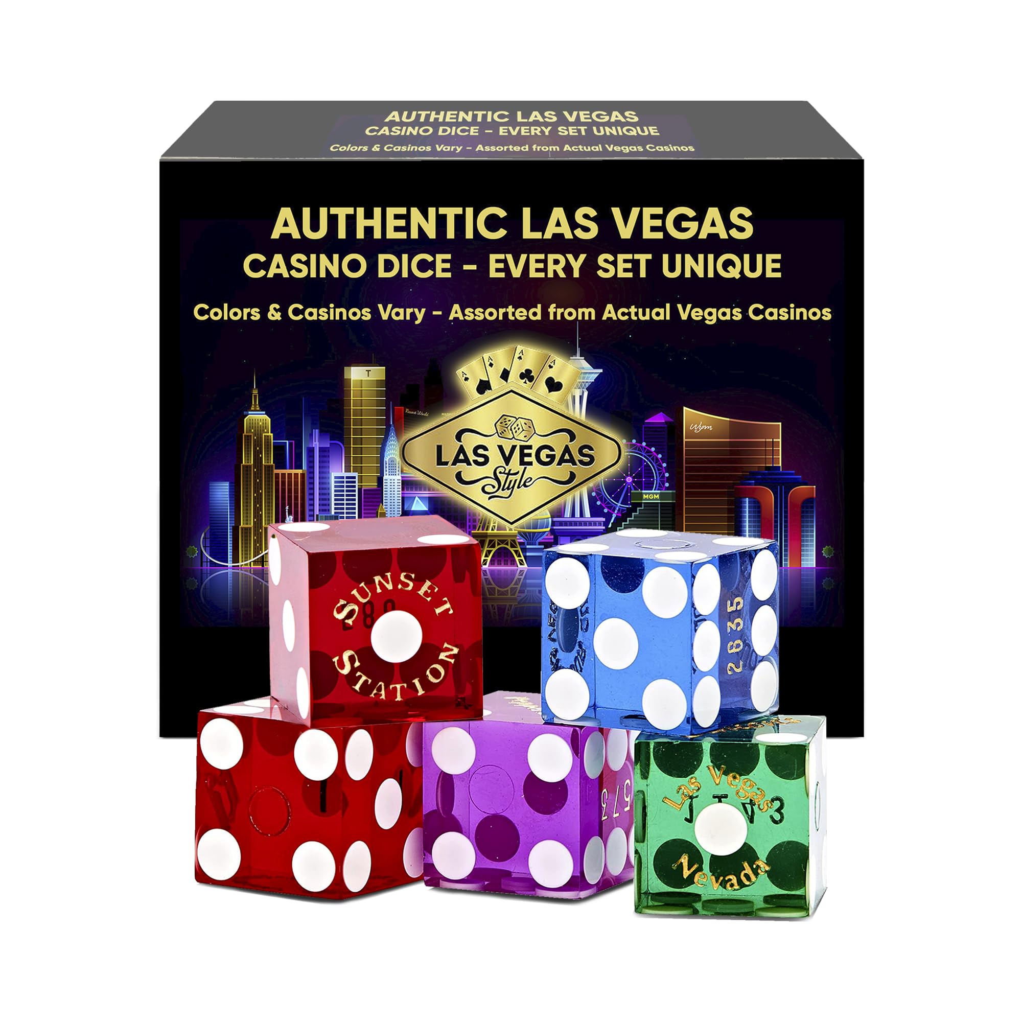 Photo 1 of Authentic Las Vegas Casino Used Dice Set - 5 Assorted Colored Professional Grade Gaming Dice with Serial Numbers - 6-Sided, Large, 19mm - Great for Farkle, Bunco, Yahtzee, Liars Dice & Casino Games