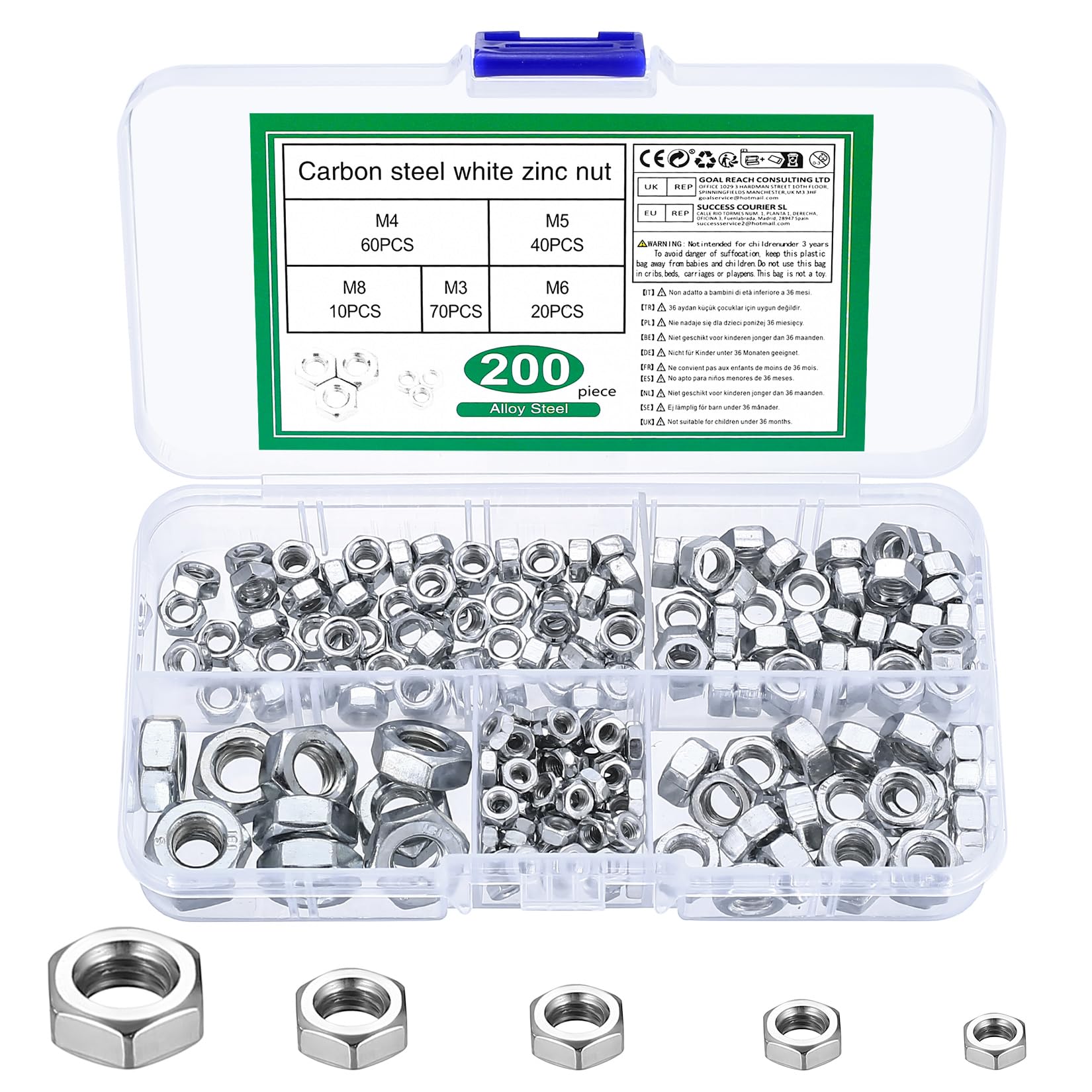 200 Pcs Hex Nuts M3 M4 M5 M6 M8 Nuts, Metric Hex Nut Set, Lock Nuts, Assorted Self Locking Nuts Assortment, Locknuts, Metric Hex Hexagon Full Nuts, Standard Thread stainless steel Hexagon Nuts