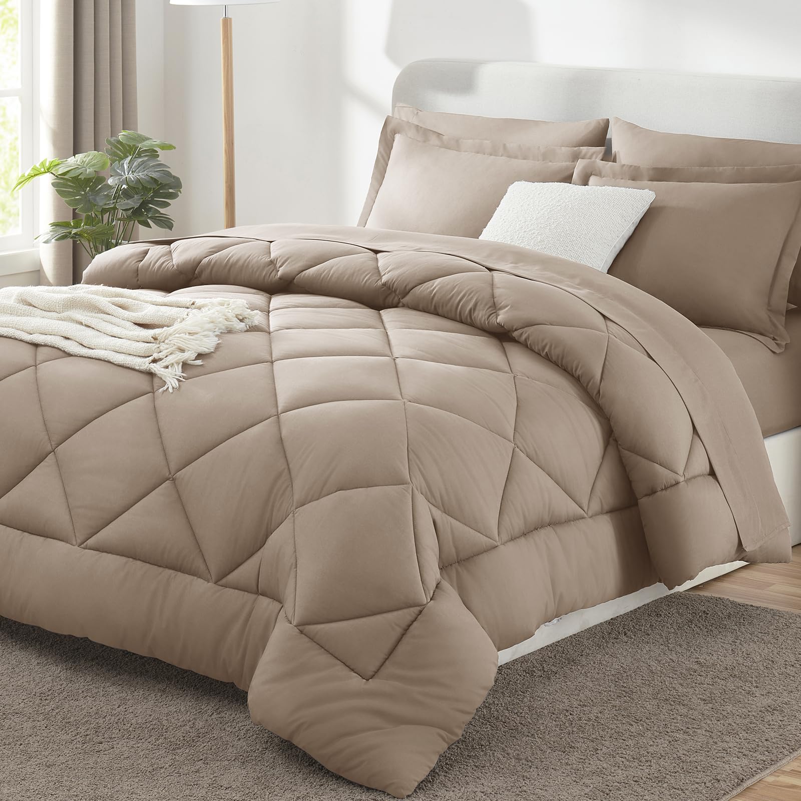 Photo 1 of CozyLux Full Size Comforter Sets Khaki - 7 Pieces Bed in a Bag Full, Luxury Soft Bed Set for All Seasons, Bedding Set with Down Alternative Comforter, Sheets, Pillowcases & Shams