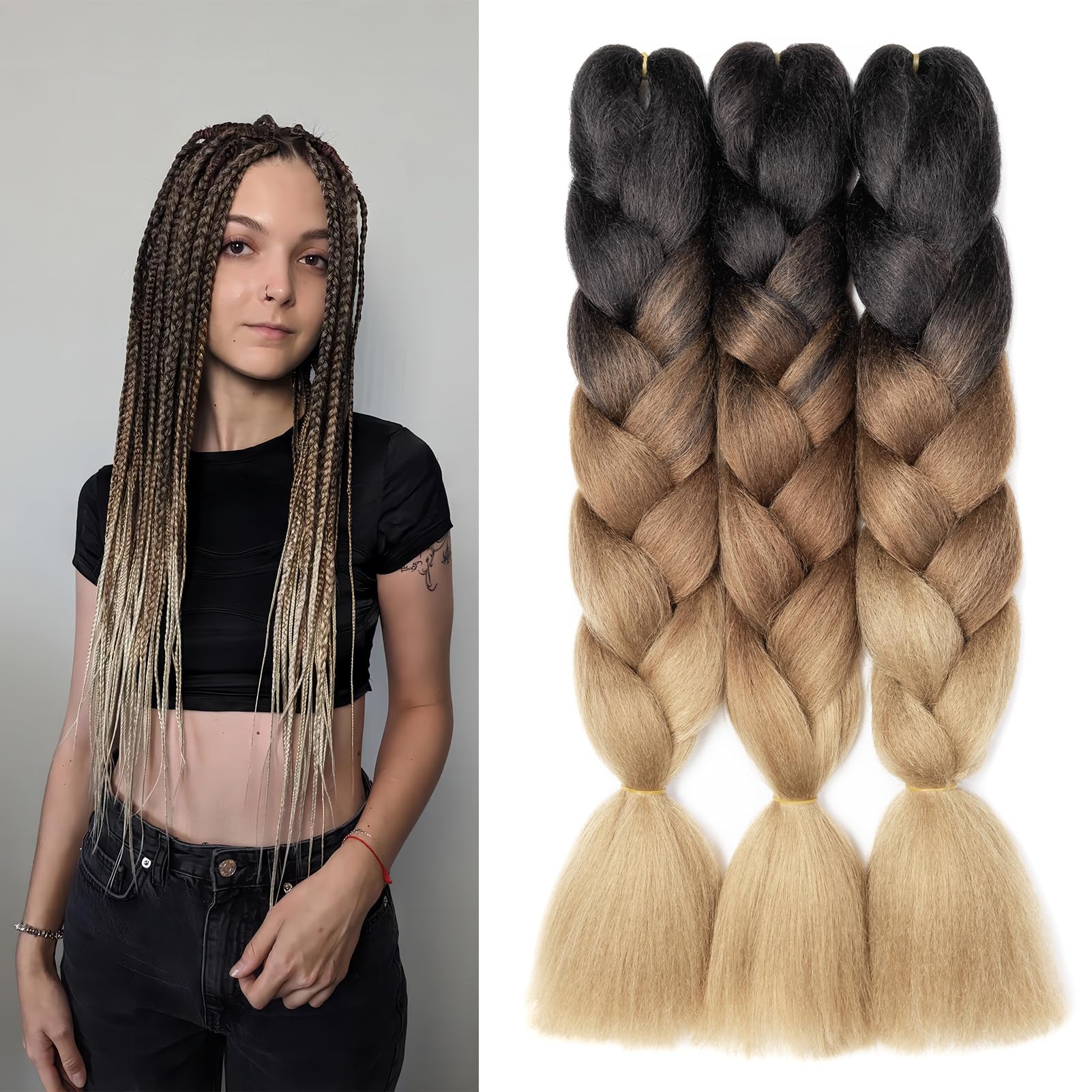 Dcbaboo Jumbo Braiding Hair Extensions 3packs 24inch Hair Extensions for Braiding Synthetic Hair Kanekalon Ombre Braids Hair Extensions Afro Crochet Braids Twist Hair 300g, Black-Dark Brown-Brown — image 1