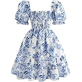 RoseSeek Girl's Floral Bowknot Back A Line Dresses Square Neck Puff Sleeve Smocked Vacation Short Dress