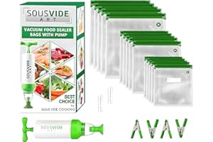 SOUSVIDE ART 37pcs Reusable Vacuum Seal Bags with Vacuum Sealer - 30 Cooking and Storage Bags of 3 Sizes with Pump and Sous Vide Cooker Accessories - Food Safe Kit, Keeps Food Fresh