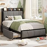 GAOMON Twin Size Bed Frame with 2 Storage Drawers and Charging Station, Rustic Linen Upholstered Platform Bedframe with Storage Headboard, Heavy Duty, No Box Spring Needed, Easy Assembly, Noise Free