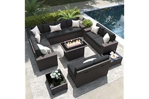 LayinSun 13 Pieces Outdoor Patio Furniture Set with 44" Fire Pit Table Brown Rattan Sectional Sofa Conversation Sets