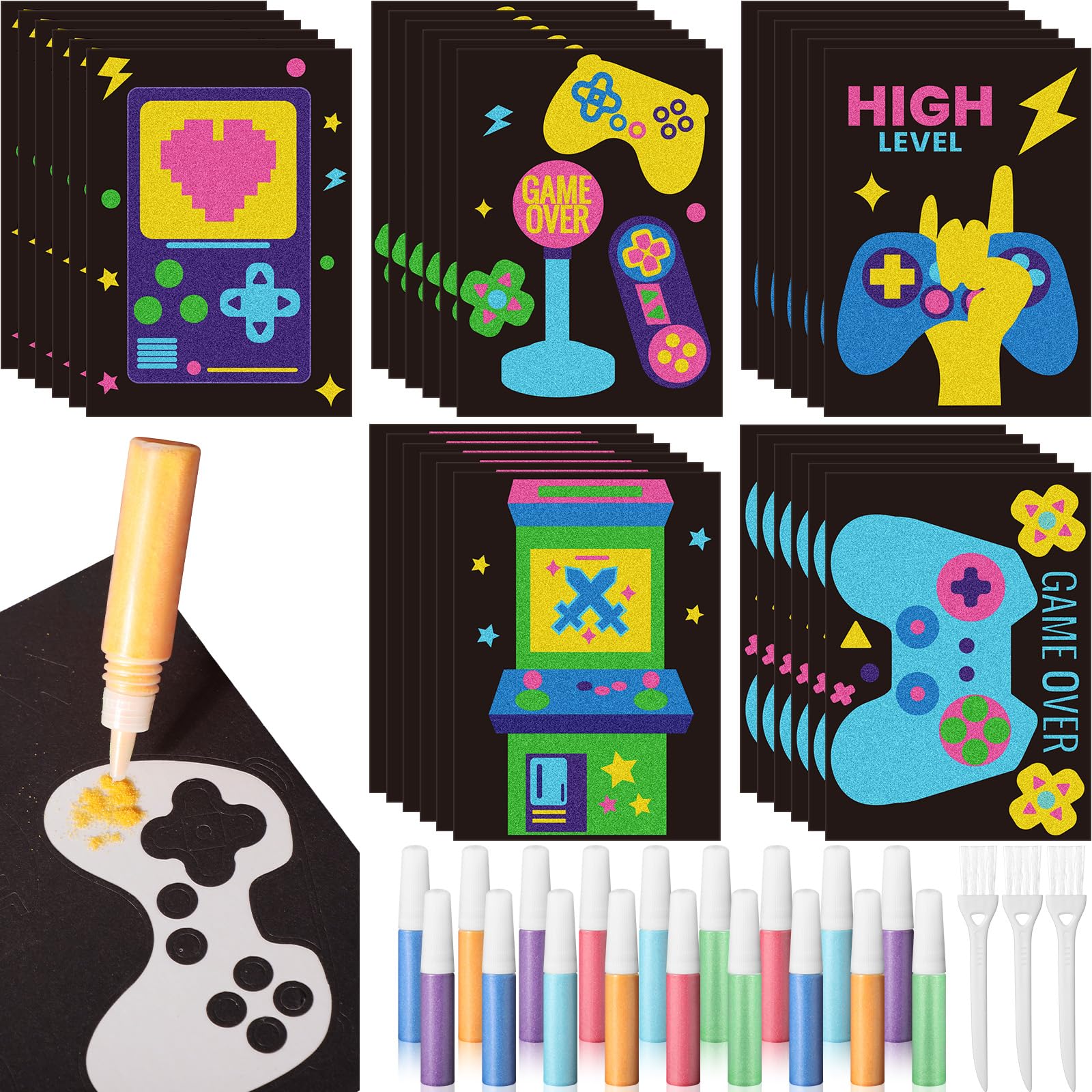 Photo 1 of Fullhawl 30 Sets Video Game Sand Art Kits for Kids - DIY Craft Sand Painting Art Picture with 18 Colored Sands, Game Theme Pictures for Creative Learning, Fun Activities, and Birthday Party Favors